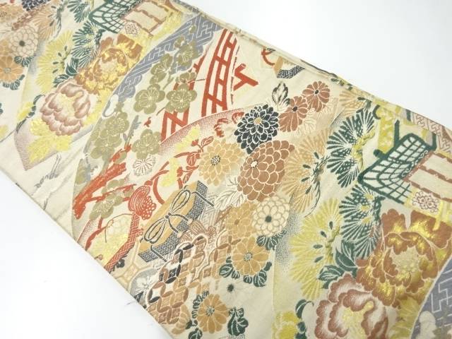 橋に梅・菊桐模様織出し名古屋帯（材料）【アンティーク】【中古】【着】 宗sou(4)