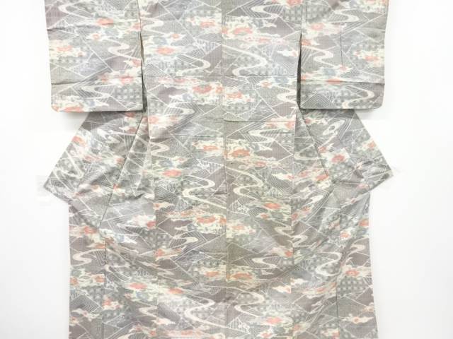 流水花模様織出し手織り節紬着物【アンティーク】【中古】【着】 宗sou(4)