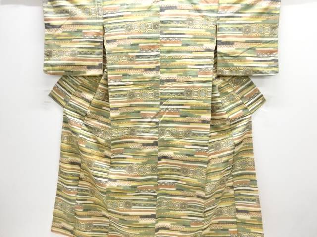 横段に抽象模様織出し手織り節紬着物【アンティーク】【中古】【着】 宗sou