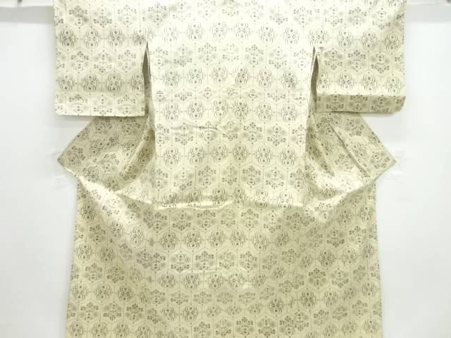 亀甲に花模様織出し手織り紬単衣着物【アンティーク】【中古】【着】 宗sou