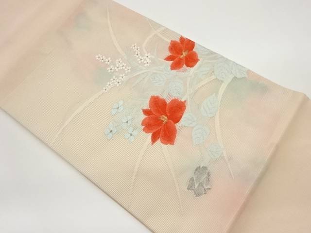 絽花葉模様織出し開き名古屋帯（額縁仕立て）【中古】【着】 宗sou