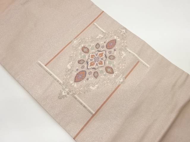 銀彩横段に菱・華紋模様織出し名古屋帯【中古】【着】 宗sou