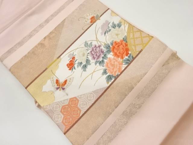 蝶に牡丹・亀甲・花菱模様織出し名古屋帯【中古】【着】 宗sou