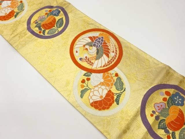 菱に枝垂れ桜・丸文・花鳥模様織出し袋帯【中古】【着】 宗sou