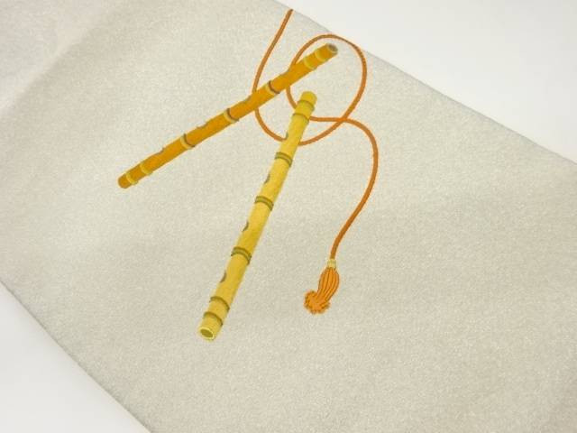 銀通し笛に紐模様刺繍名古屋帯【中古】【着】 宗sou