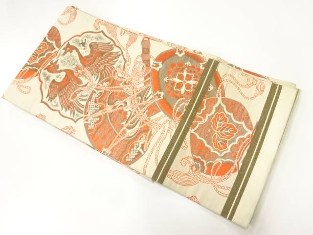 鼓に花・向かい鳥模様織出し子供帯（材料）【アンティーク】【中古】【着】 宗sou