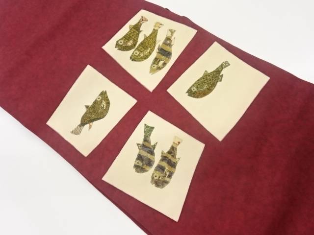 塩瀬パッチワーク四角に魚模様名古屋帯【中古】【着】 宗sou