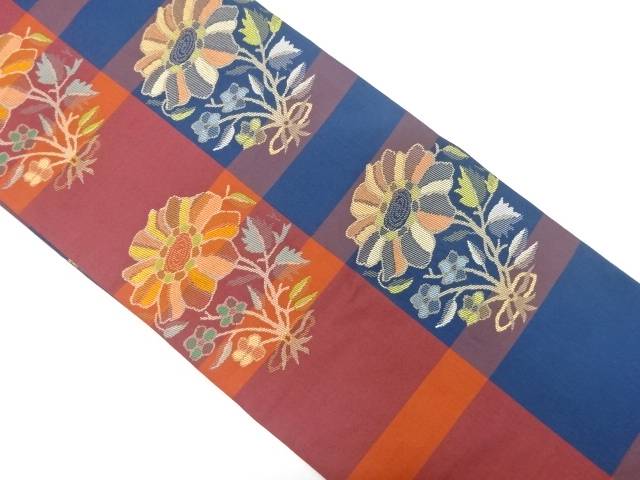横段に花模様織出し名古屋帯【中古】【着】 宗sou
