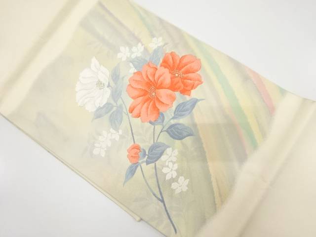 草花模様織り出し開き名古屋帯(額縁仕立て)【中古】【着】 宗sou