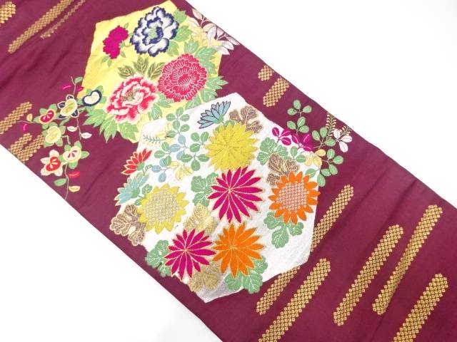 亀甲に菊・牡丹・橘模様織り出し名古屋帯(着用可)【アンティーク】【中古】【着】 宗sou