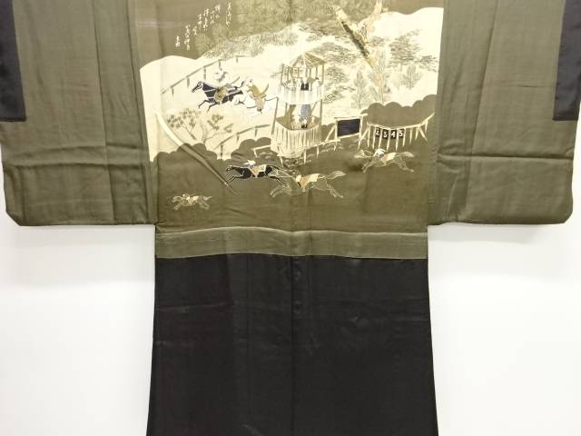 競馬模様肩裏紋付羽二重男物羽織【アンティーク】【中古】【着】【図変わり】 宗sou