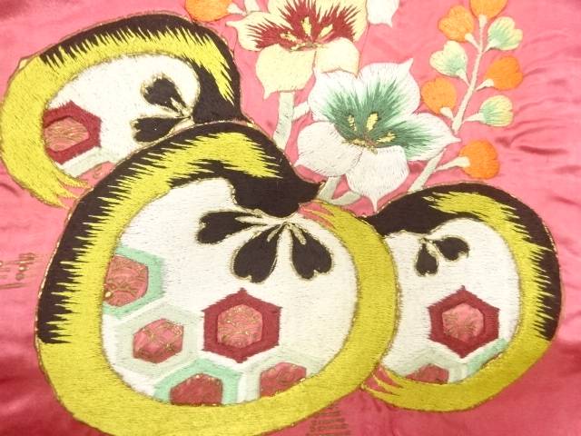 繻子地桐模様刺繍名古屋帯【アンティーク】【中古】【着】【図変わり】 宗sou