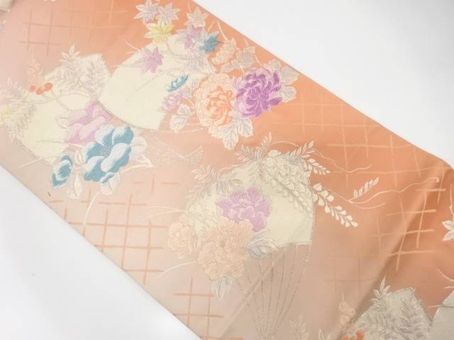 扇に菊・椿・牡丹模様織出し暈し袋帯（材料）【アンティーク】【中古】【着】 宗sou