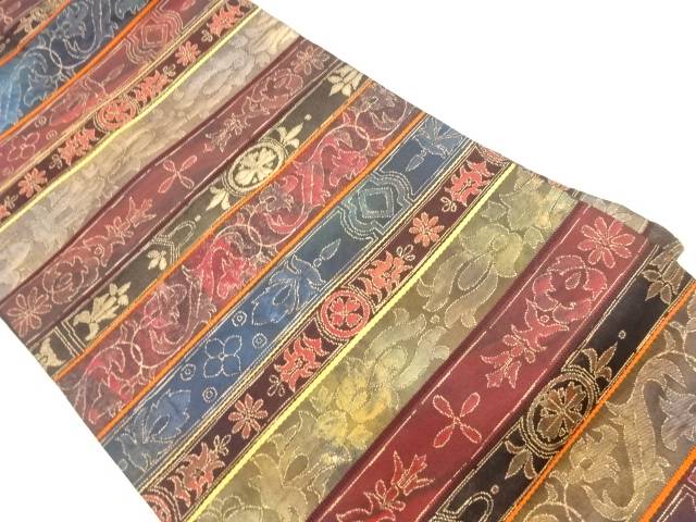 横段に花唐草模様織出し名古屋帯【中古】【着】 宗sou
