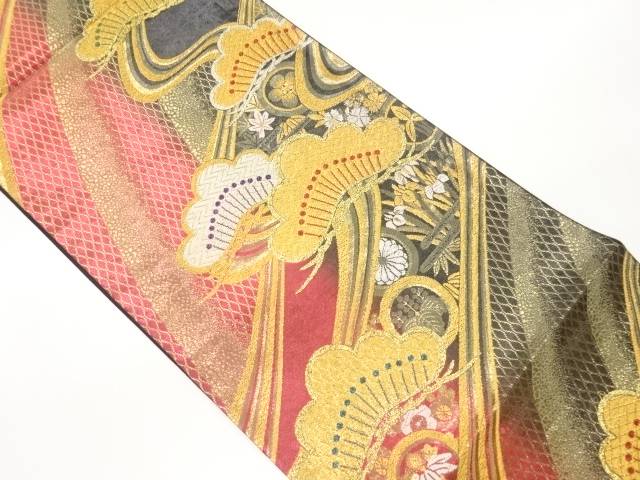 松・曲線に花々模様織出し袋帯【中古】【着】 宗sou