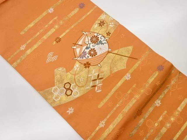 引箔糸巻き・反物に古典柄模様織出し名古屋帯【中古】【着】 宗sou
