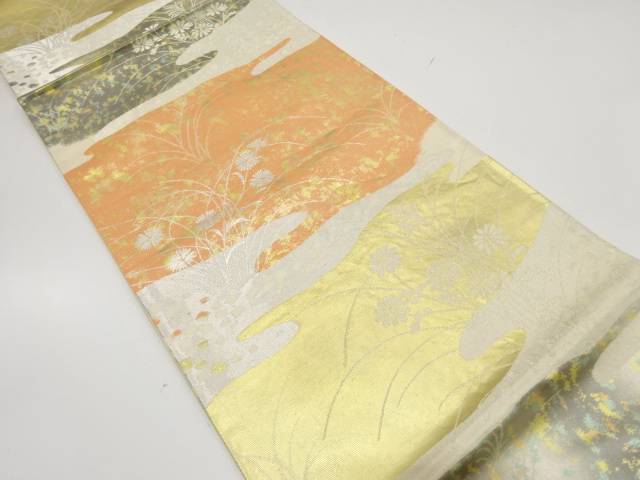 霞に秋草模様織り出し袋帯(材料)【アンティーク】【中古】【着】 宗sou