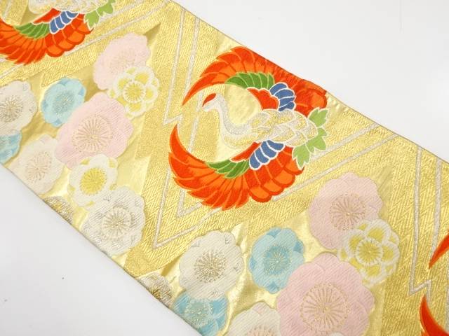 鶴に八重梅模様織り出し袋帯（材料）【アンティーク】【中古】【着】 宗sou