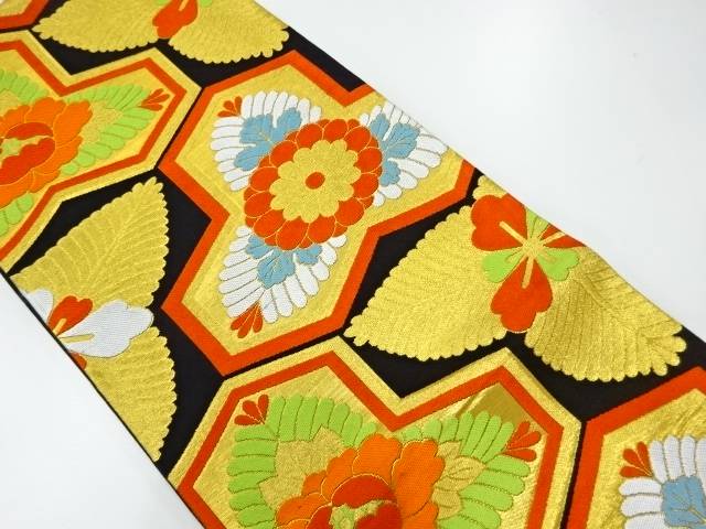 毘沙門亀甲に若松・菊・牡丹模様織出し袋帯（着用可）【アンティーク】【中古】【着】【袋帯】 宗sou