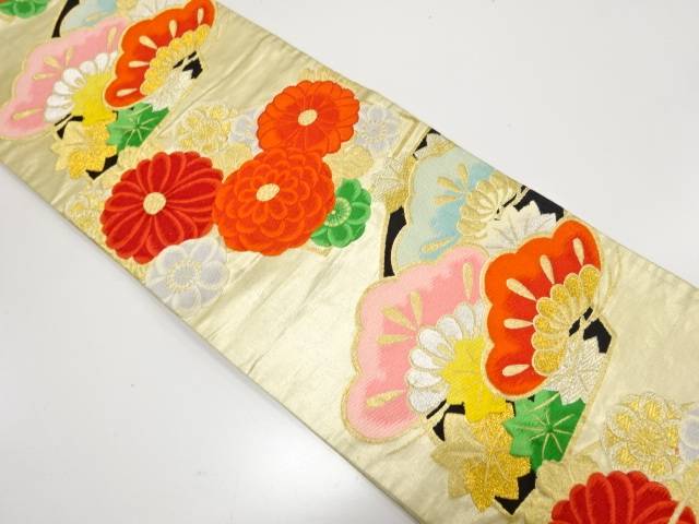 地紙に笠松・菊・梅模様織り出し袋帯（材料）【アンティーク】【中古】【着】【袋帯】 宗sou