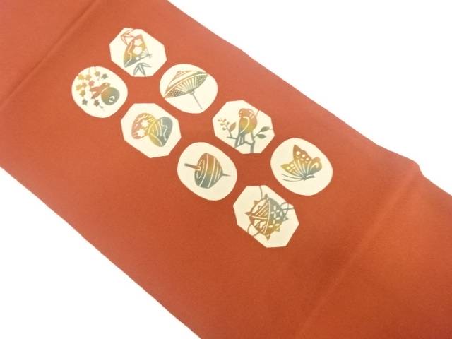 縮緬地 型染 兎に番傘・独楽・糸巻き模様 名古屋帯【中古】【着】【名古屋帯】 宗sou