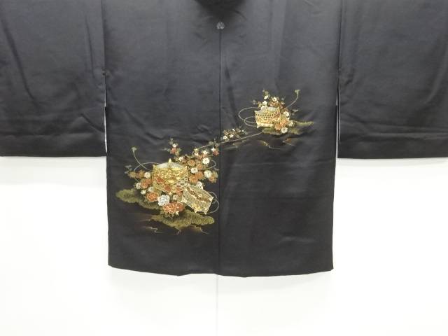 糸巻に菊牡丹模様織り出し一つ紋絵羽織【中古】【着】【コート・道中着】 宗sou