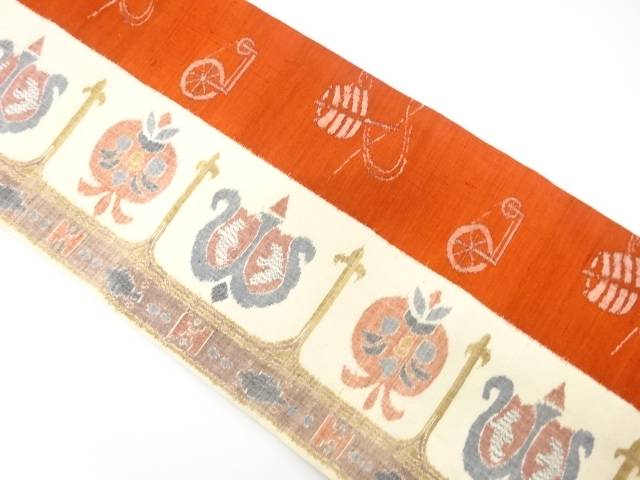 手織り紬　花更紗に糸車模様織り出し　名古屋帯【中古】【着】【名古屋帯】 宗sou