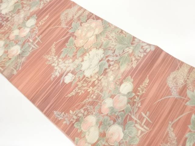 伝統工芸士本田敏夫　草木染牡丹に万寿菊模様織出し名古屋帯【中古】【着】【名古屋帯】 宗sou(4)