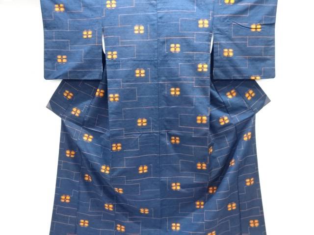 幾何学に花模様織り出し手織り真綿紬着物【中古】【着】【紬・お召し】 宗sou