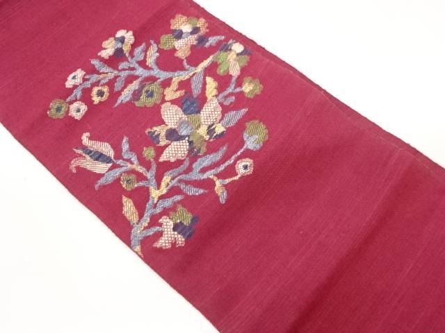 手織り紬花葉模様織出し名古屋帯【中古】【着】【名古屋帯】 宗sou(4)