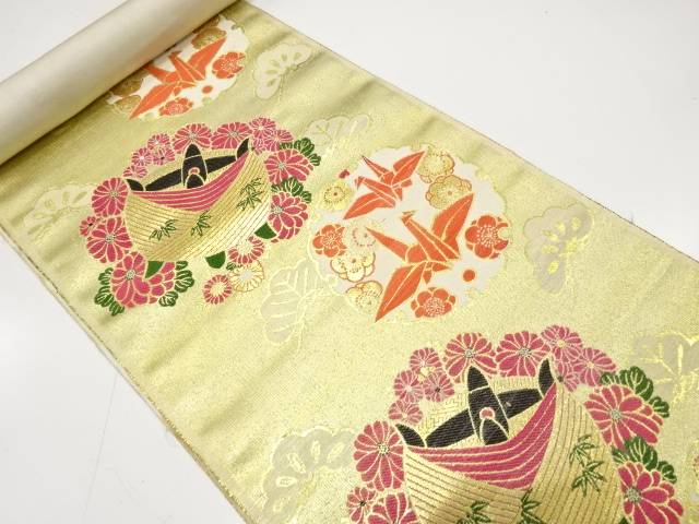 雪輪に折鶴・糸巻模様織り出し　名古屋帯地反物【アンティーク】【中古】【着】【その他】 宗sou