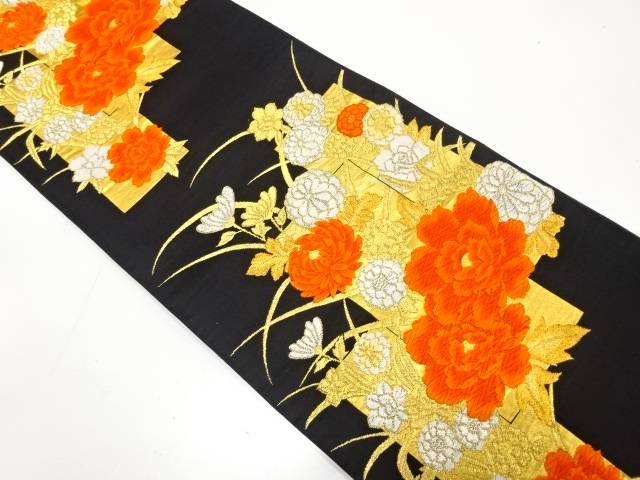短冊に牡丹・菊模様織り出し袋帯（着用可）【アンティーク】【中古】【着】【袋帯】 宗sou