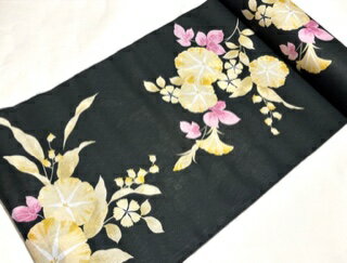 浴衣地 ゆかた地 浴衣反物 綿麻混 女性用 黒地 朝顔など 大人可愛い柄 涼しい綿麻 変わり織 破格値