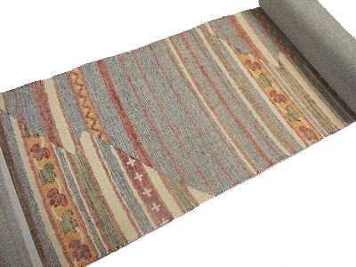 八寸名古屋帯 正絹 未仕立て品西陣織 正絹 紬地 三幸織物謹製 おしゃれ用 横段幾何模様