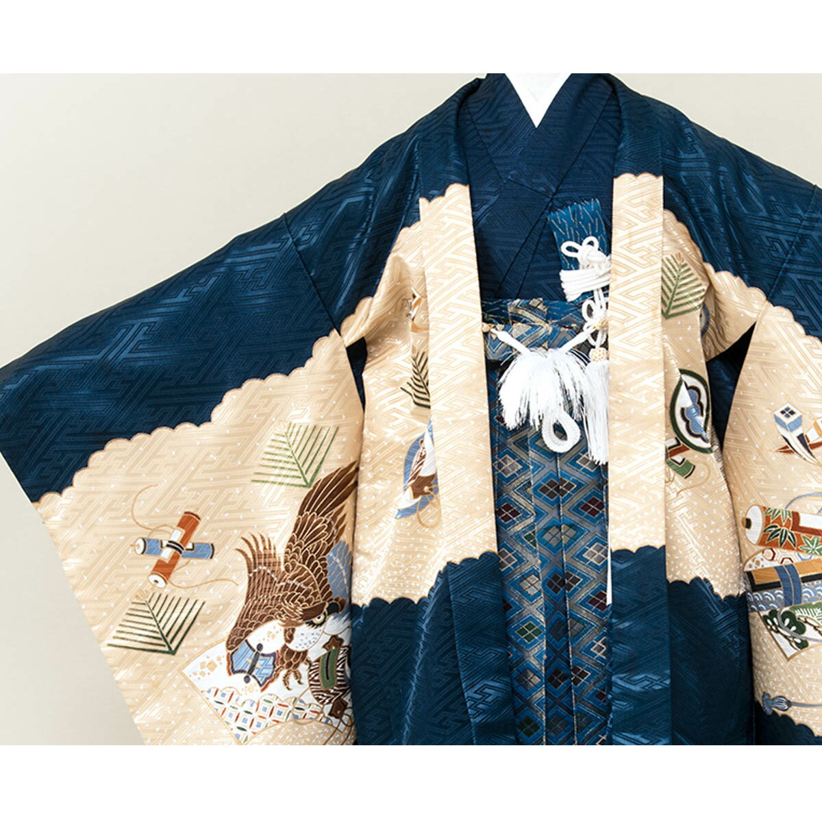 【12/1限定☆クーポンで10％OFF】七五三 着物 男の子 5歳 レンタル 羽織袴 袴セット フルセット 紺 ネイビー 兜 龍 鷹 巻物 地紙 松菱 着物レンタル 五歳 袴 子供着物 男児 モダン 創美苑【往復送料無料】 3