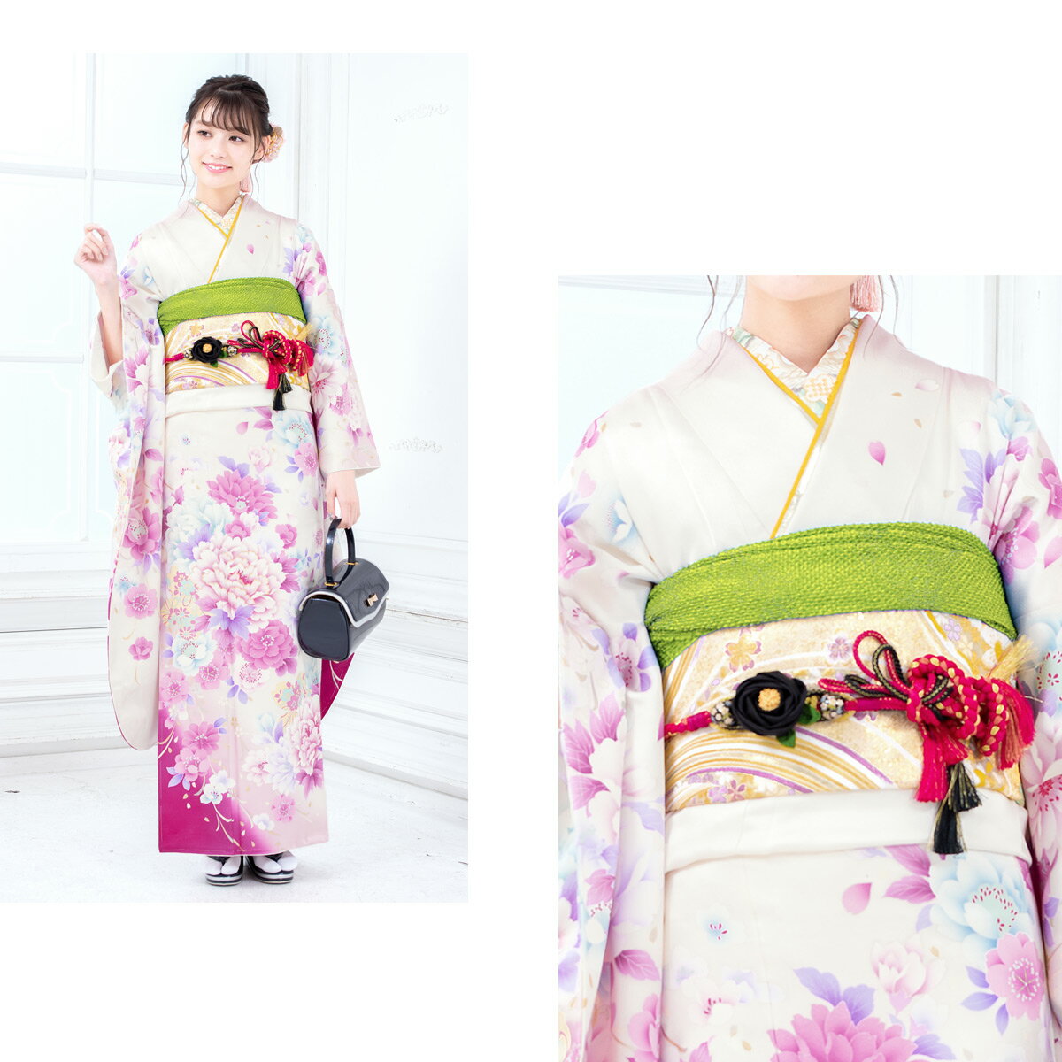 振袖 着物セット 成人式 レンタル フルセット 白 ピンク 花 牡丹 花 着物セット レディース 振袖セット 往復送料無料 １月利用 レンタル 振袖 レンタル 成人式 白 ピンク 牡丹 花 フルセット 着物セット 和服 晴れ着 女性 レディース 往復送料無料 １月利用 貸