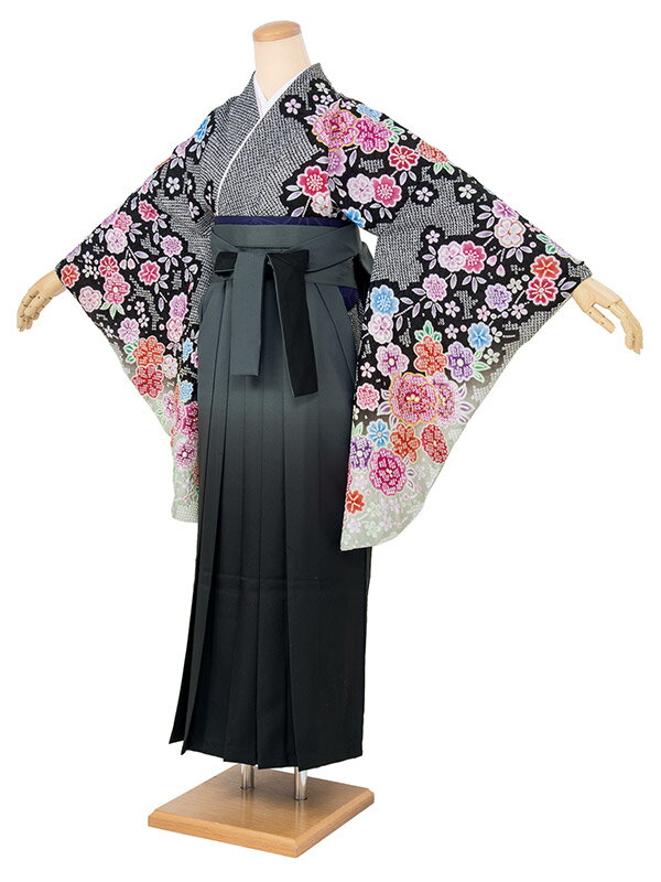 【マラソン☆最大3000円配布中☆3/21~27 1:59まで】【レンタル】袴セット 卒業式 袴 レンタル 女 女性 フルセット 黒 ブラック 灰色 グレー 牡丹 桜 花 鹿の子 総絞り 絵羽柄 大人 レディース 大学 和服 着物セット 往復送料無料