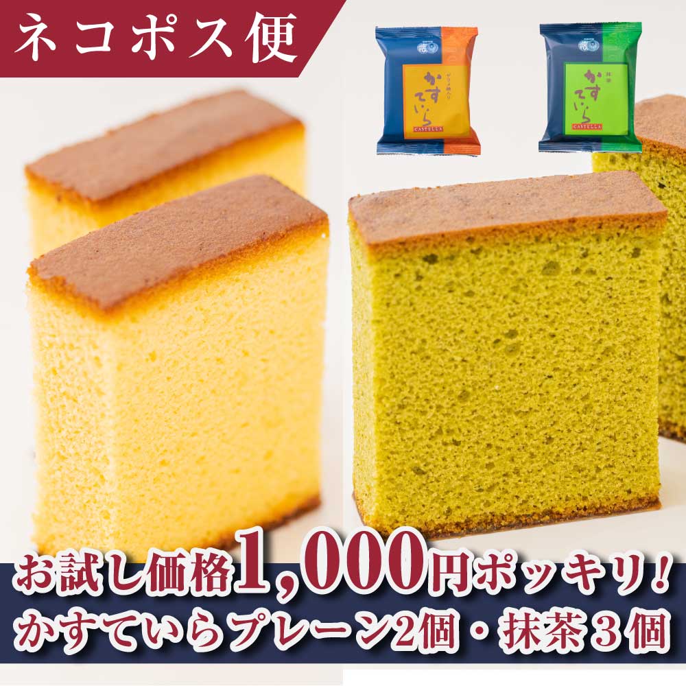 【P最大8倍★5/20限定】 和菓子 プチギフト お菓子 1000円ポッキリ 送料無料 スイーツ ギフト かすていら（プレーン)×2個・かすていら(抹茶)×3個