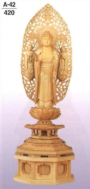 楠　新八角台（下台付）　金泥書　舟立弥陀　脇仏・脇侍光背　勢至菩薩・観音菩薩（阿弥陀三尊）　6寸