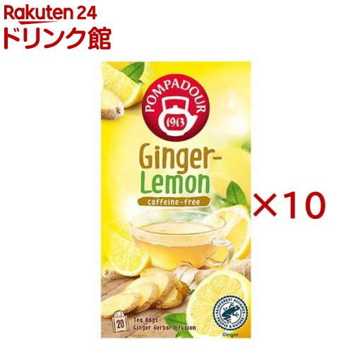 お店TOP＞紅茶＞紅茶 その他＞ポンパドール ジンジャー＆レモン (20袋入×10セット(1袋1.75g))【ポンパドール ジンジャー＆レモンの商品詳細】●生姜を51％使用し、スパイシーな味わいに仕上げました。●レモンピールやリコリスをブレンドした、無香料のノンカフェインハーブティー。●香りもよく、ノンカフェインなので、おやすみ前に飲んでいただけます。【品名・名称】ハーブティー【ポンパドール ジンジャー＆レモンの原材料】ジンジャー、レモングラス、レモンピール、リコリス、レモンマートル【栄養成分】記載なし【アレルギー物質】記載なし【保存方法】直射日光、高温多湿な場所を避けて常温で保管してください。【原産国】ドイツ【発売元、製造元、輸入元又は販売元】日本緑茶センター※説明文は単品の内容です。リニューアルに伴い、パッケージ・内容等予告なく変更する場合がございます。予めご了承ください。・単品JAN：4975723037632日本緑茶センター150-0031 東京都渋谷区桜丘町24-4 東武富士ビル03-5728-6801広告文責：楽天グループ株式会社電話：050-5306-1825[紅茶]