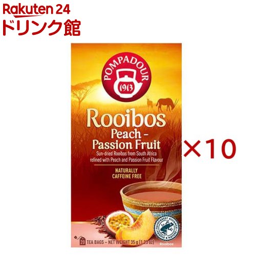 お店TOP＞紅茶＞紅茶 その他＞ポンパドール ルイボスティー ピーチ＆パッションフルーツ (20袋入×10セット(1袋1.75g))【ポンパドール ルイボスティー ピーチ＆パッションフルーツの商品詳細】●ルイボスティーにほんのりと甘いピーチの香りと爽やかなパッションフルーツの香り。【品名・名称】ルイボスティー【ポンパドール ルイボスティー ピーチ＆パッションフルーツの原材料】ルイボス／香料【栄養成分】記載なし【アレルギー物質】記載なし【保存方法】直射日光、高温多湿な場所を避けて常温で保管してください。【原産国】ドイツ【発売元、製造元、輸入元又は販売元】日本緑茶センター※説明文は単品の内容です。リニューアルに伴い、パッケージ・内容等予告なく変更する場合がございます。予めご了承ください。・単品JAN：4975723037045日本緑茶センター150-0031 東京都渋谷区桜丘町24-4 東武富士ビル03-5728-6801広告文責：楽天グループ株式会社電話：050-5306-1825[紅茶]