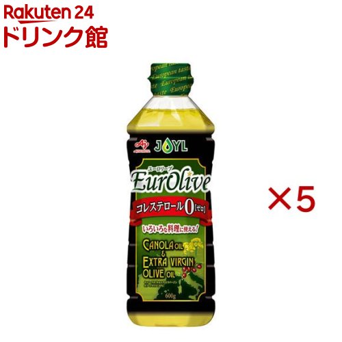 お店TOP＞JOYL ユーロリーブ ペット (600g×5セット)【JOYL ユーロリーブ ペットの商品詳細】●あっさりとしたキャノーラ油に香り豊かなエクストラバージンオリーブオイル(30％)をブレンドした「ヨーロピアンスタイルのブレンドオイル」です。●オリーブオイルの風味が豊かに香り、素材のおいしさを引きたてます。●サラダ油同様に、地中海料理をはじめ、炒めもの、揚げもの、ドレッシングなど、いろいろな料理に使えます。●コレステロール0。●手軽に使える600gサイズ。【品名・名称】食用調合油【JOYL ユーロリーブ ペットの原材料】食用なたね油(国内製造)、食用オリーブ油【栄養成分】大さじ1杯(14g)あたりエネルギー：126kcaL、たんぱく質：0g、脂質：14g(飽和脂肪酸：0.8g-1.7g)、コレステロール：0mg、炭水化物：0g、食塩相当量：0g、飽和脂肪酸含有割合：6-13％【保存方法】常温、暗所保存【注意事項】・油は加熱しすぎると発煙、発火します。加熱中その場を離れるときは、必ず火を消してください。・加熱した油に水を入れたり、水の入った油を加熱すると油が飛びはね危険ですので、注意してください。・プラスチック容器に熱い油を入れないでください。・開封後は、なるべく早め(1〜2ヶ月)にお召し上がりください。・低温で白濁したり、固まったり、沈殿が生じることがあります。オリーブオイルの成分ですのでぬるま湯で温めると元に戻ります。品質に変わりありません。・油は流しに捨てないでください。※キャノーラ油となたね油は同じものです。【原産国】日本【ブランド】味の素(AJINOMOTO)【発売元、製造元、輸入元又は販売元】J-オイルミルズ※説明文は単品の内容です。商品に関するお電話でのお問合せは、下記までお願いいたします。受付時間 平日午前9時30分-午後5時家庭用油脂お客様相談室：0120-211228業務用製品 油脂事業部 業務用グループ：03-5148-7139リニューアルに伴い、パッケージ・内容等予告なく変更する場合がございます。予めご了承ください。(AJINOMOTO Euro live)・単品JAN：4902590129818J-オイルミルズ104-0044 東京都中央区明石町8-1 聖路加タワー ※お問合せ番号は商品詳細参照広告文責：楽天グループ株式会社電話：050-5306-1825[食用油/ブランド：味の素(AJINOMOTO)/]