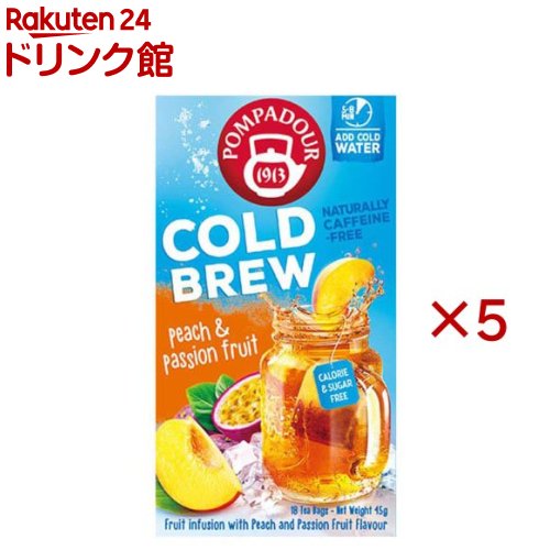 お店TOP＞紅茶＞紅茶 その他＞ポンパドール コールドブリュー ピーチ＆パッションフルーツ (45g×5セット)【ポンパドール コールドブリュー ピーチ＆パッションフルーツの商品詳細】●水出し5分のフルーツハーブティーシリーズ。ほんのり甘いピーチとパッションフルーツの爽やかな酸味の水出しハーブティー。【品名・名称】ハーブティー【ポンパドール コールドブリュー ピーチ＆パッションフルーツの原材料】アップル、ローズヒップ、ハイビスカス、ステビアリーフ、ピーチ・パッションフルーツビッツ（マルトデキストリン、ピーチ、パッションフルーツ）／香料、クエン酸、レシチン【栄養成分】記載なし【アレルギー物質】記載なし【保存方法】直射日光、高温多湿な場所を避けて常温で保存してください。【ブランド】POMPADOUR(ポンパドール)【発売元、製造元、輸入元又は販売元】日本緑茶センター※説明文は単品の内容です。リニューアルに伴い、パッケージ・内容等予告なく変更する場合がございます。予めご了承ください。・単品JAN：4975723038776日本緑茶センター150-0031 東京都渋谷区桜丘町24-4 東武富士ビル03-5728-6801広告文責：楽天グループ株式会社電話：050-5306-1825[紅茶/ブランド：POMPADOUR(ポンパドール)/]