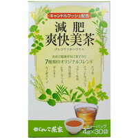 商品説明「がんこ茶家 減肥爽快美茶 4g×30袋」は、7種類のオリジナルブレンド茶です。ハブ茶、キャンドルブッシュ、プアール茶、黒烏龍茶、レモングラス、ギムネマ、ルイボスティを配合。美容と健康をサポートします。お召し上がり方●急須でお召し上がりの場合急須に1パック入れてお湯を注ぎ、3分程度でカップに注ぎ分けてお召し上がりください。(色や香りが出る間はお飲みいただけます。)●煮出しでお召し上がりの場合お湯500ml-1Lに1パック入れ、2-3分程度弱火で煮出してください。お好みでティーバッグ数や煮出し時間を調整してください。●アイスでお召し上がりの場合上記の要領で煮だした後、冷ましてから容器へ移し、冷蔵庫で冷やしてお召し上がりください。*1日1パックを目安にお召し上がりください。保存・保管方法高温・多湿を避けて保存してください。注意取扱上の注意●開封後は密閉して冷暗所に保存してお早めにご使用ください。●煮出しの後のお茶は、冷蔵庫に保管する場合以外は当日中にお飲みください。●熱湯をご使用の場合は充分にご注意ください。●ティーバッグのシール部分に黒い斑点がある物がありますが、これは細かい原料茶葉をかみこんだ物です。異物ではございませんので安心してお召し上がりください。●体質にあわない方は稀にお腹がゆるくなることがあります。その場合は飲用をお控えください。原産国日本お問い合わせ先お客様相談室TEL：0120-35-7575 営業時間：9：00-18：00(土・日・祝を除く)製造者株式会社 がんこ茶家神奈川県平塚市東豊田531-35広告文責株式会社クスリのナカヤマTEL: 03-5497-1571備考■パッケージデザイン等は、予告なく変更されることがあります。■物流センターの在庫は常に変動しております。そのため、ページ更新とご注文のタイミングによって、欠品やメーカー販売終了のため商品が手配できない事態が発生致します。その場合、誠に申し訳ありませんが、メールにて欠品情報をご案内の上、キャンセル対応させていただく場合がございます。■特に到着日のご指定が無い場合、商品は受注日より起算して1~5営業日を目安に発送いたしております。ご注文いただきました商品の、弊社在庫状況等によっては、発送まで時間がかかる場合がございますので、予めご了承ください。また、5営業日以内の発送が困難な場合には、メールにて発送遅延のご連絡と発送予定日のご案内をお送りさせていただきます。