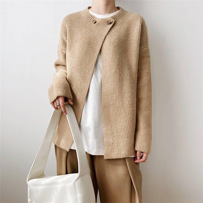 【5と0のつく日限定！1着半額！まとめ買い2枚購入割引クーポン利用で！ 】カーディガン コート セーター ニット ボタンデザイン 前開き 無地 長袖 丸首 厚手 ゆったり シンプル カジュアル 春 秋 冬