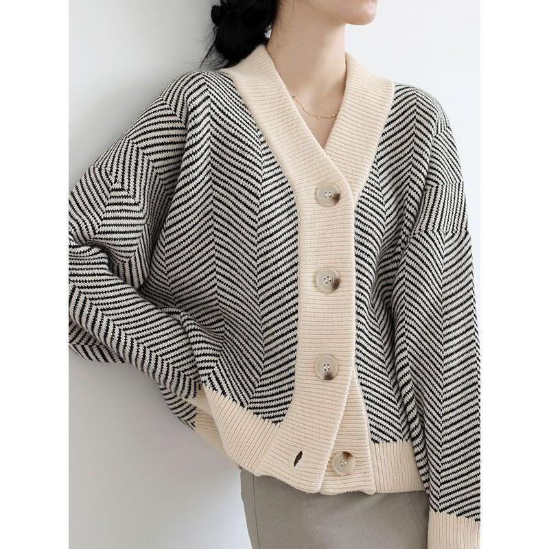 Nylon, Rayon, Polyester - 【ポイント最大12倍!お買い物マラソン！1着半額!まとめ買い2枚購入割引クーポン利用で！ 】ニットカーディガン レディース 秋冬 40代 長袖 ニットス ボーダー柄コーディガン vネックカーディガンショット丈セーター ゆったり アウター