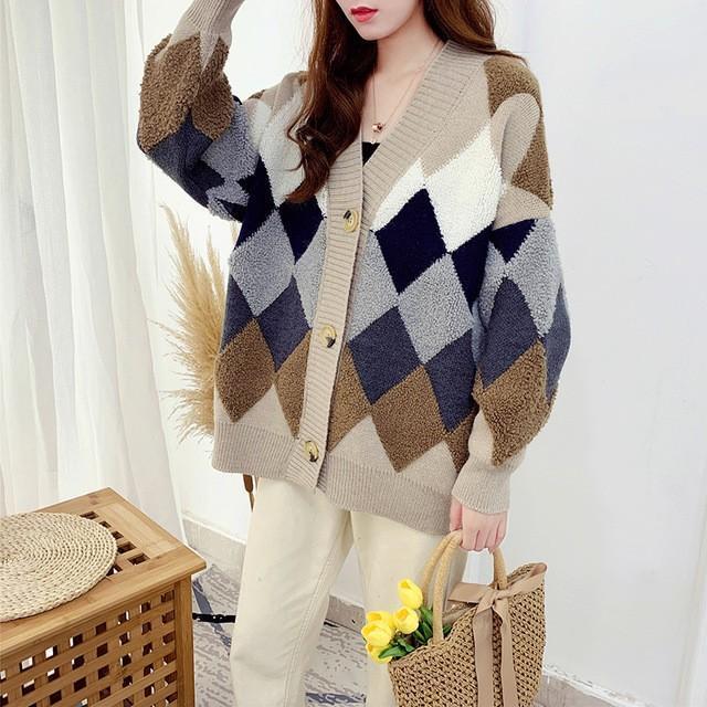 Nylon, Rayon, Polyester - 【ポイント最大12倍!お買い物マラソン！1着半額!まとめ買い2枚購入割引クーポン利用で！ 】ニットカーディガン レディース 20代 配色 おしゃれ 着痩せ 秋 ショート丈 セーター 長袖 アウター 羽織り 洗えるニット カジュアル ゆったり