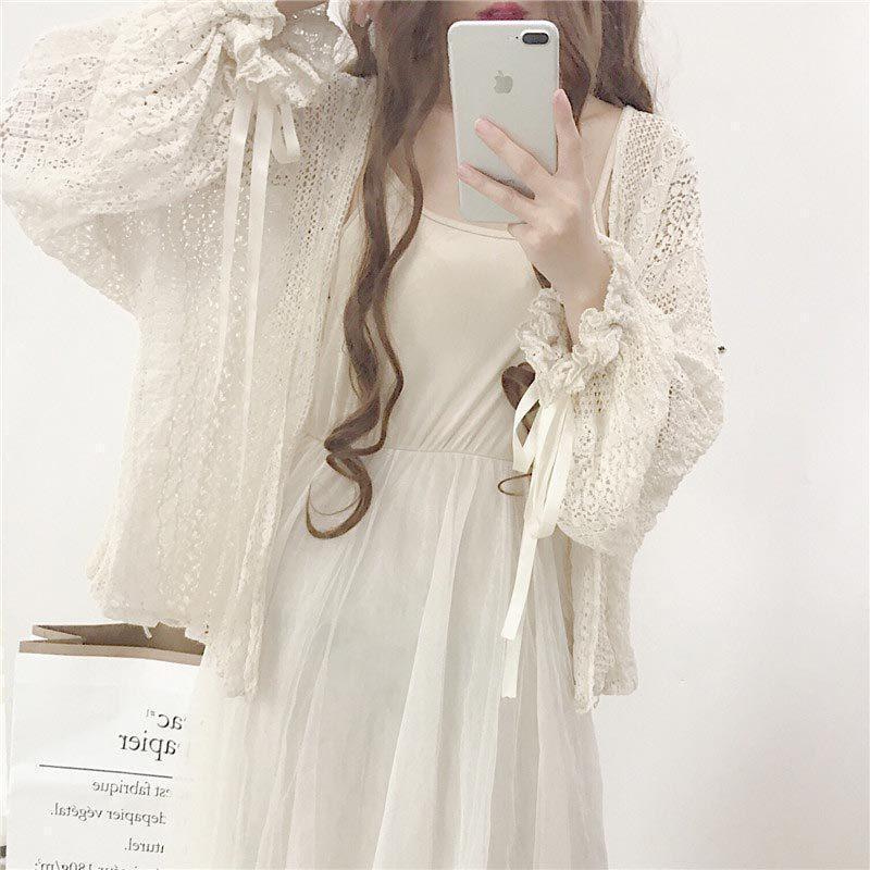 カーディガン サマー レディース 春 春夏 ニット 長袖 バルーンスリーブ 総レース ス 透かし エアコン対策 冷房対策