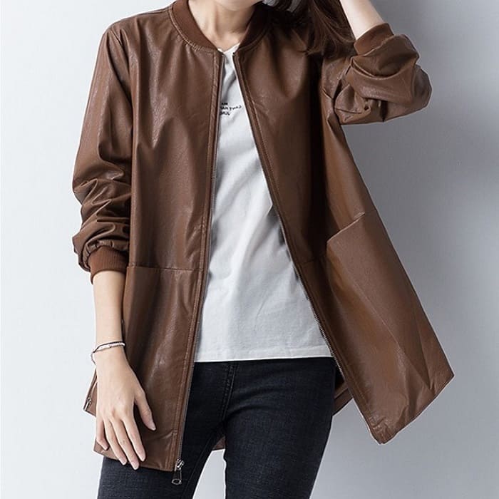 乐天商城 - 【ポイント最大9倍!お買い物マラソン！1着半額！まとめ買い2枚購入割引クーポン利用で！ 】レディース PUレザー ジャケット ブルゾン マウンテンパーカー 秋冬 コート 前ポケット 裾ラウンドヘム 大きいサイズ カジュアル オシャレ