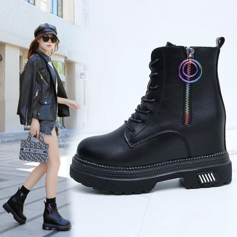 【1着半額！まとめ買い2枚購入割引クーポン利用で！ 】レディース 厚底 ショートブーツ 編み上げブーツ ショートブーツ インヒール ミドル丈 レザーPU革 秋冬ブーツ サイドジップ エンジニアブーツ